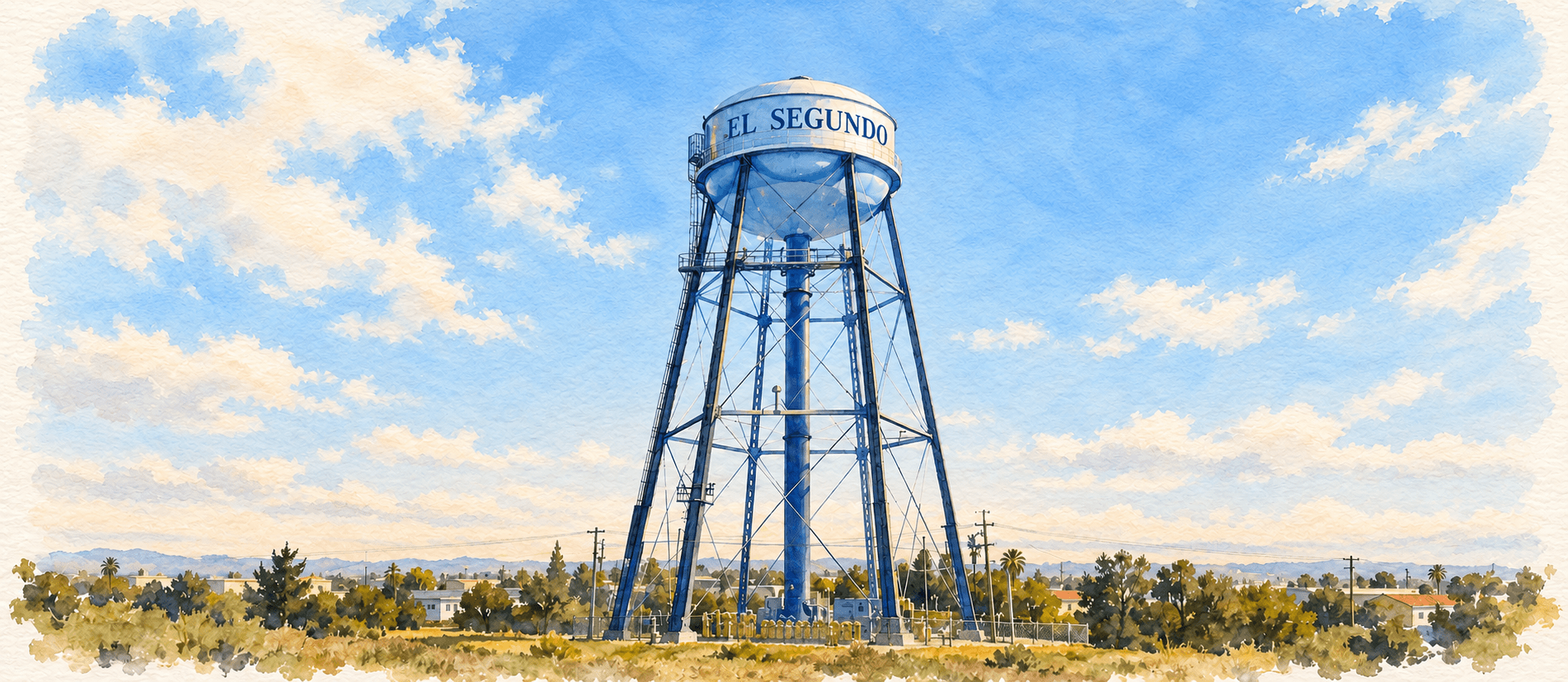 Watercolor of the El Segundo landmark water tower with EL SEGUNDO lettering.