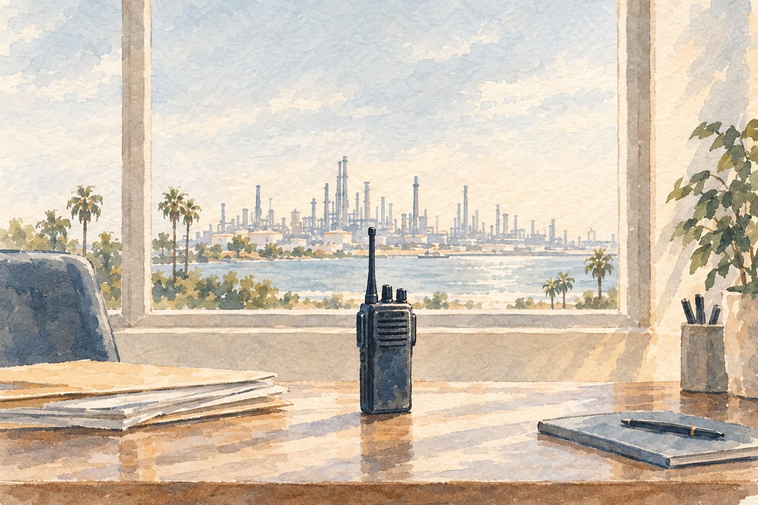 Watercolor illustration of a plain communications radio on a sunlit desk, with an industrial refinery skyline beyond a window.