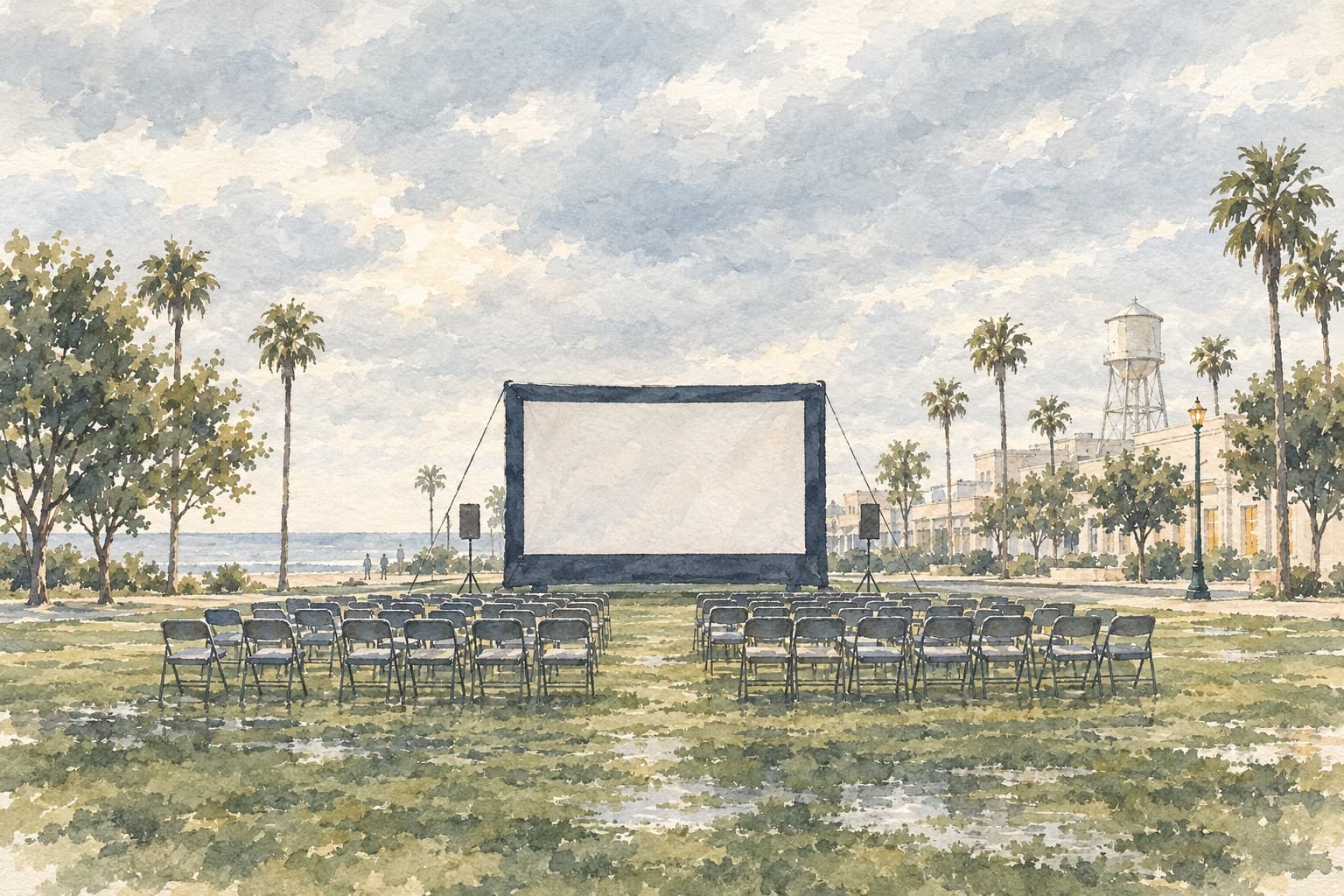Watercolor illustration of an empty outdoor cinema with a blank screen, rows of chairs and wet grass beneath a cloudy sky.