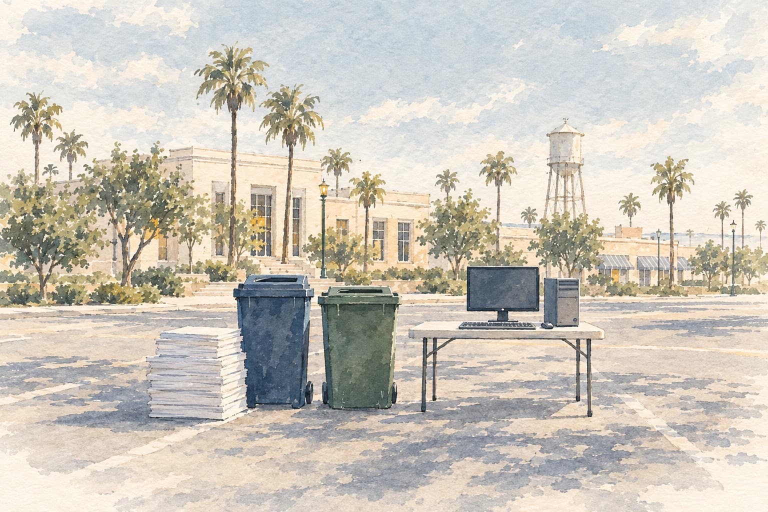 Watercolor illustration of blank paper, plain collection bins and computer equipment in a sunny civic parking area.