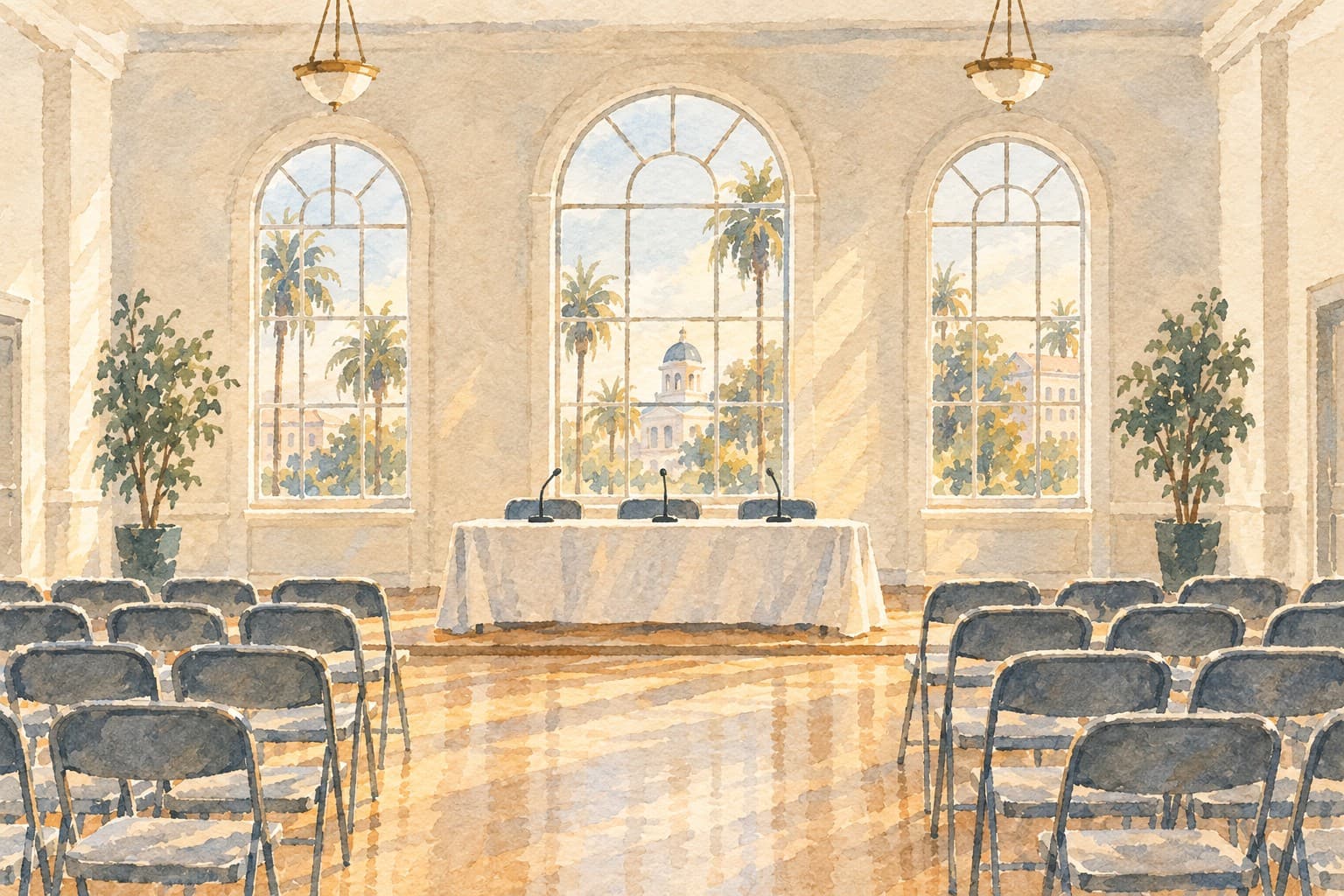 Watercolor illustration of an empty civic forum with three microphones, chairs and tall sunlit windows.