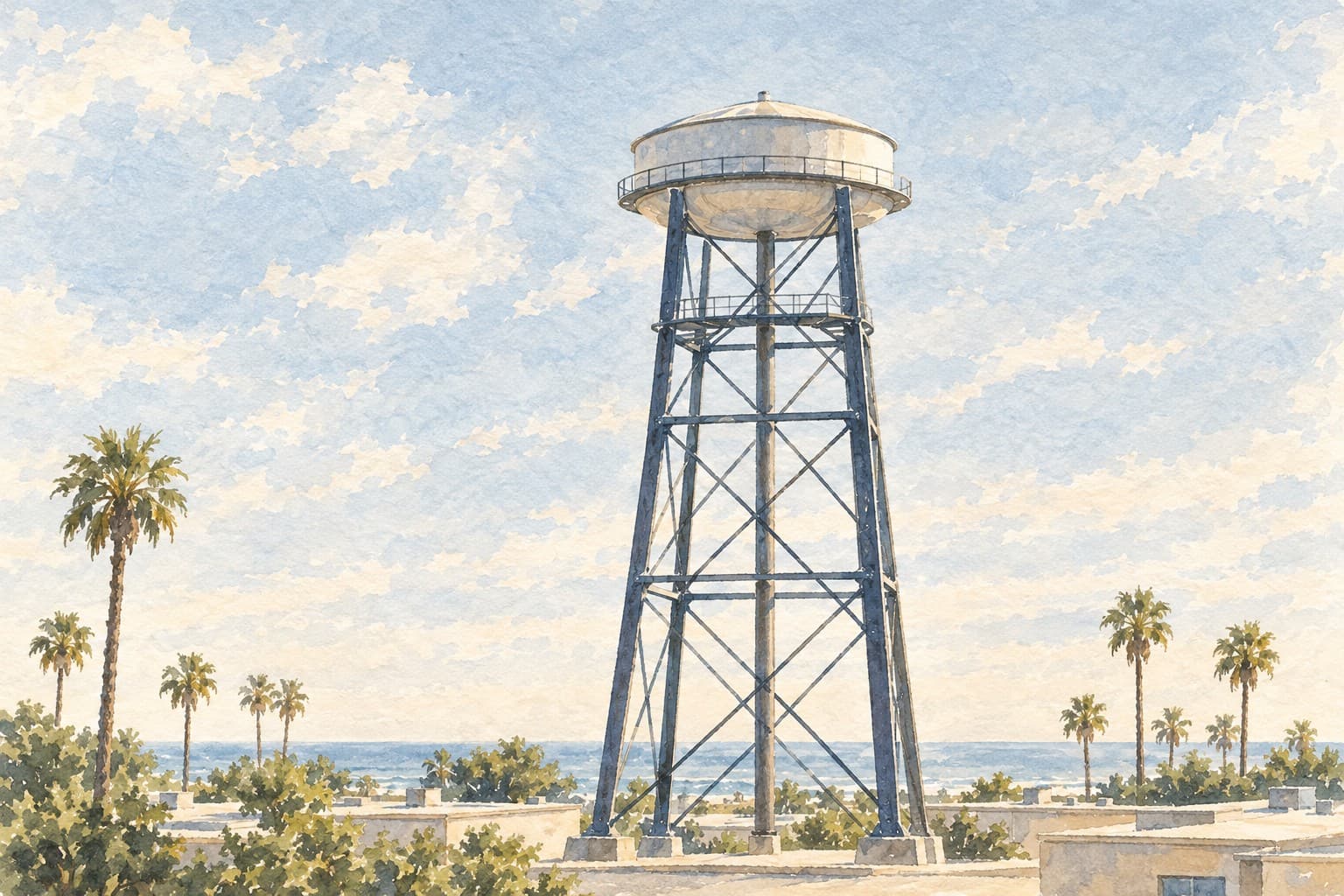 Watercolor of El Segundo’s shallow cylindrical water tank on tall steel legs with cross-bracing, above low downtown rooftops.