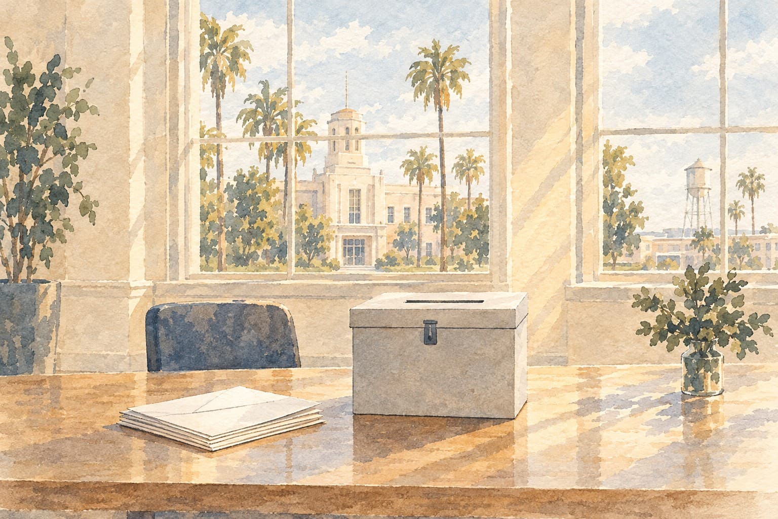 Watercolor illustration of blank envelopes and a plain ballot box on a sunlit civic table, with an empty chair and palms beyond the windows.