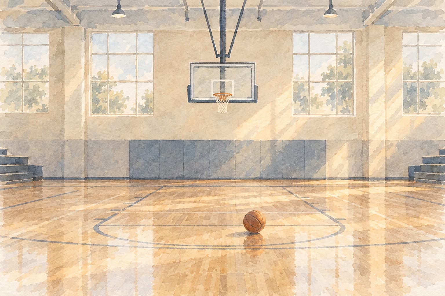 Watercolor illustration of a basketball on the wooden floor of an empty school gym, beneath a hoop with afternoon light through tall windows.