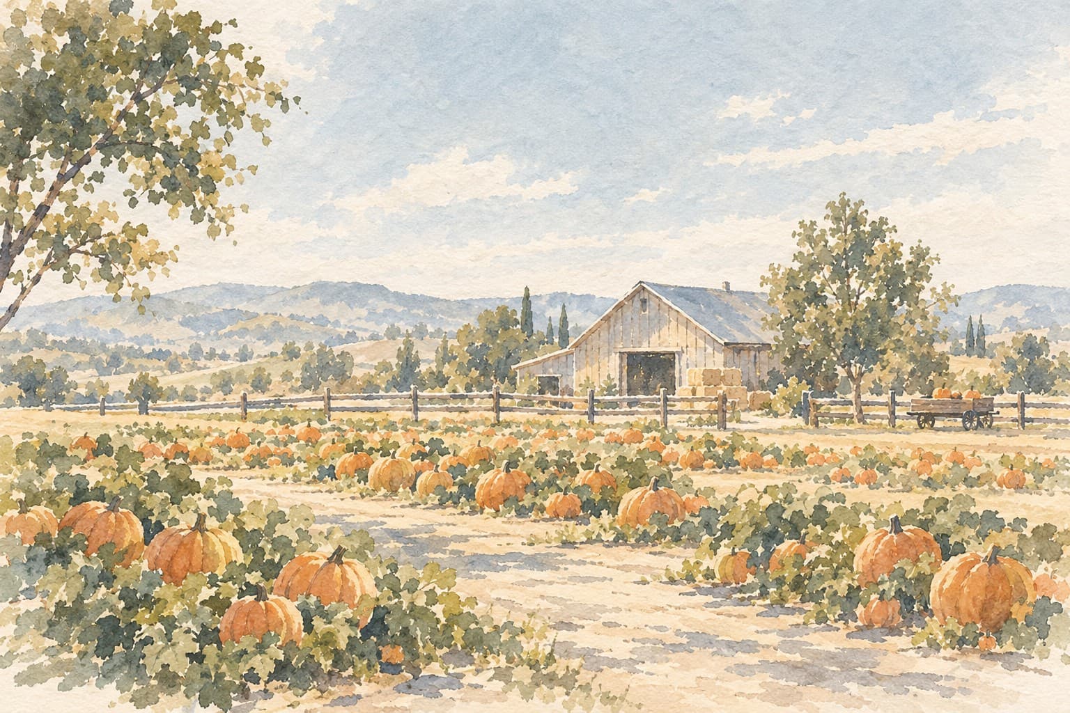 Watercolor illustration of an empty pumpkin patch with rows of orange pumpkins, a wooden barn, fencing and distant hills.