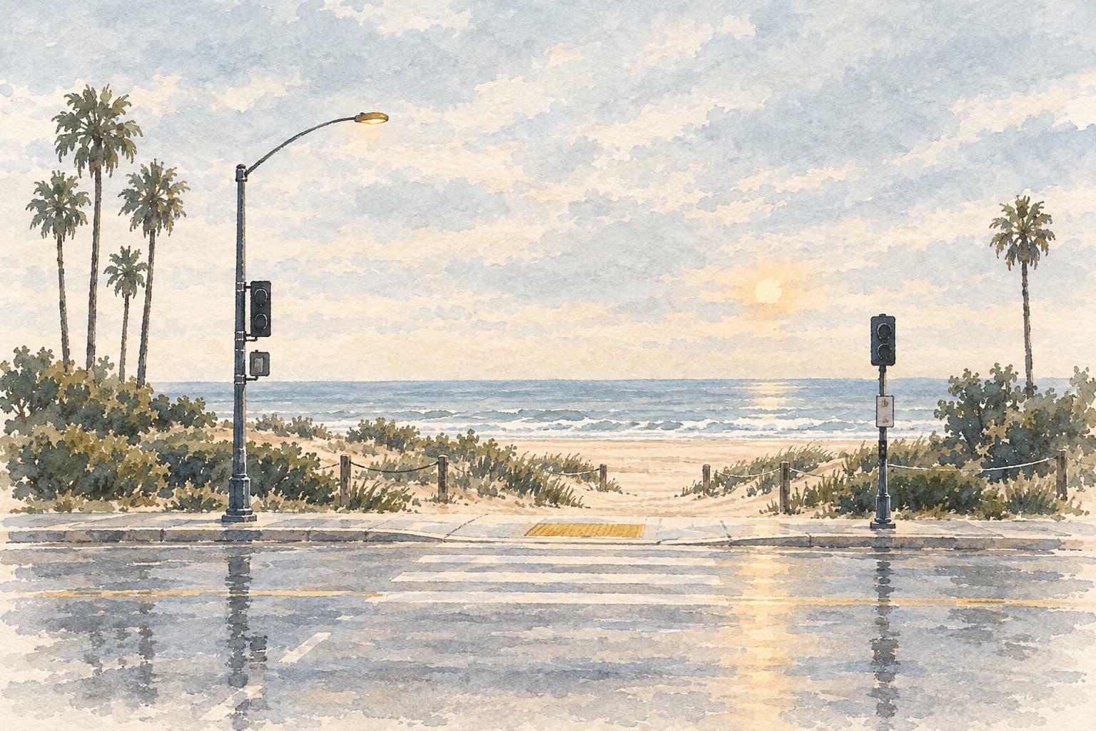 Watercolor of a wet street leading through sand dunes toward the ocean beneath a cloudy sky.