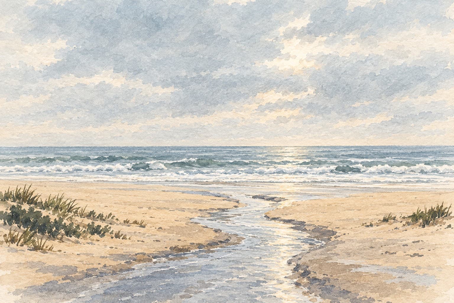 Watercolor illustration of a runoff channel crossing an empty sandy beach toward ocean waves beneath an overcast sky.