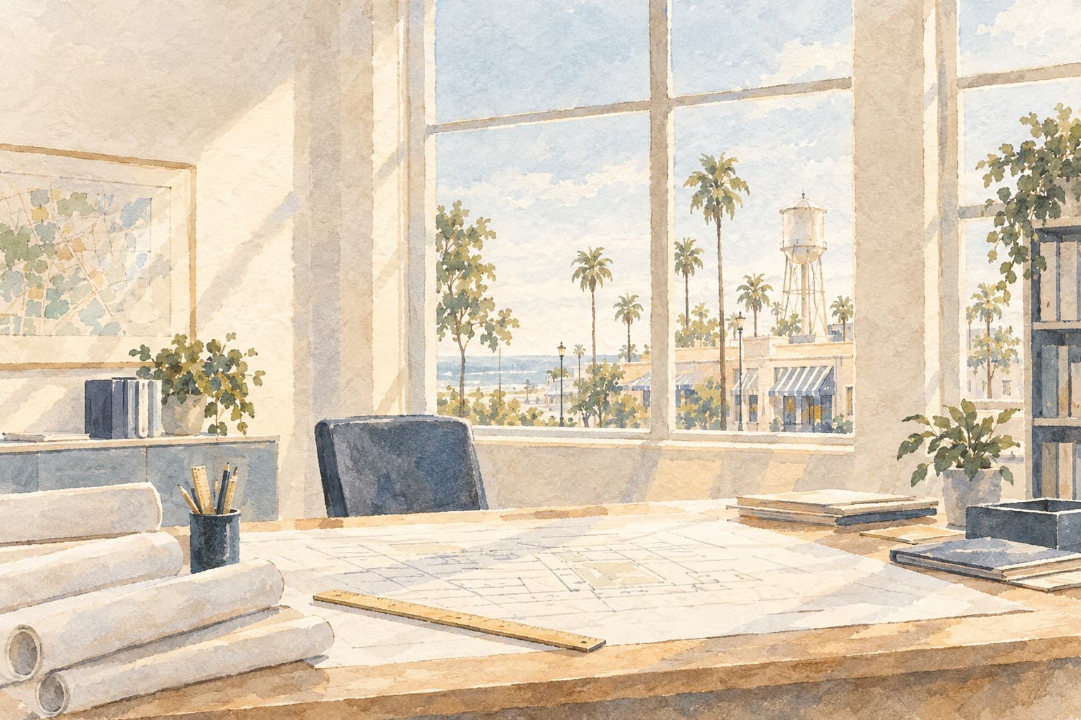 Watercolor illustration of a quiet planning desk with rolled plans, a ruler and pencils beside a sunlit window.