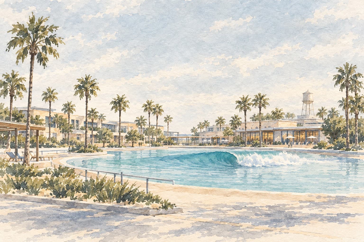 Watercolor illustration of a turquoise wave pool surrounded by palms and low buildings.