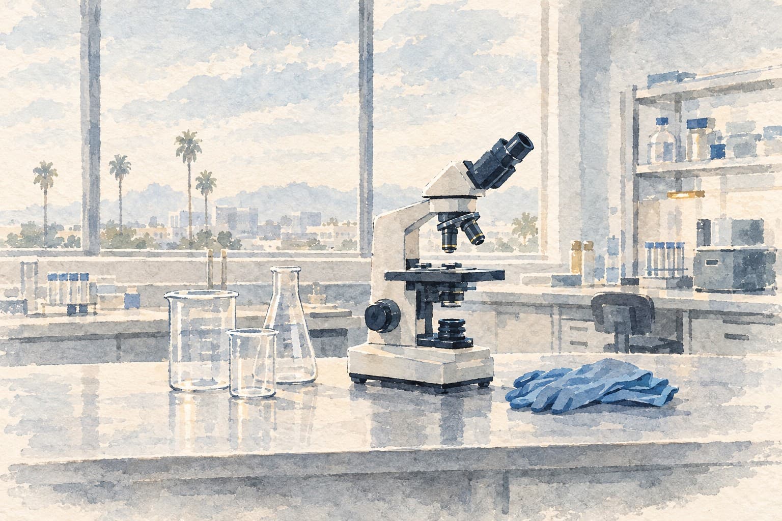 Watercolor illustration of a microscope, empty glass beakers and folded protective gloves on a sunlit laboratory bench.
