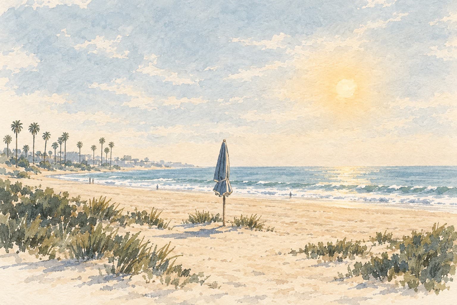 Watercolor illustration of an empty sunlit beach with a closed umbrella, coastal grasses, palms and blue water.