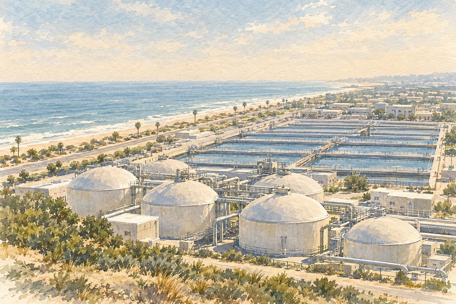 Watercolor study of Hyperion’s domed digesters and rectangular treatment basins beside the Pacific coast.
