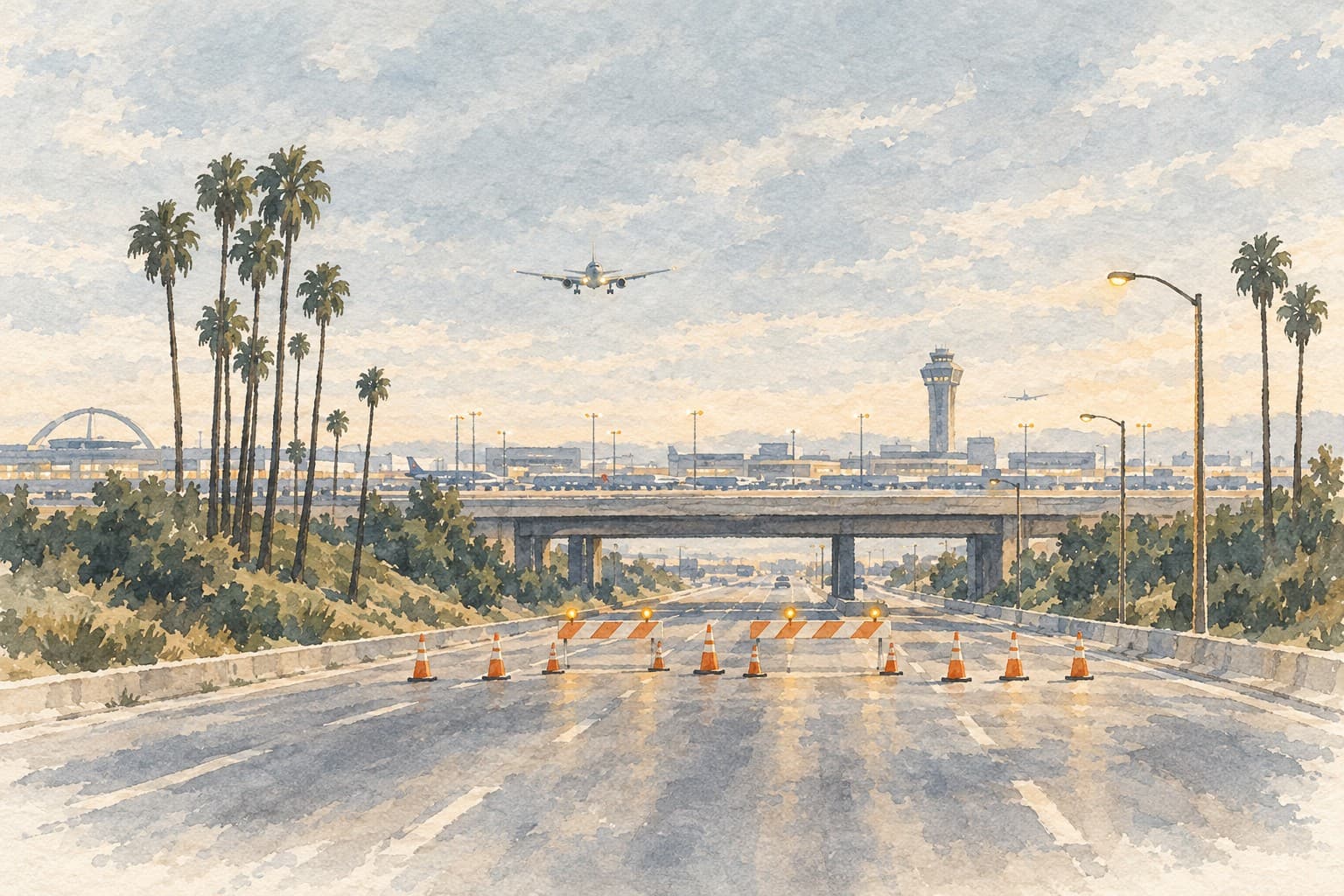 Watercolor illustration of orange cones and barriers on an empty roadway, with an overpass, palms and airport buildings in the distance.