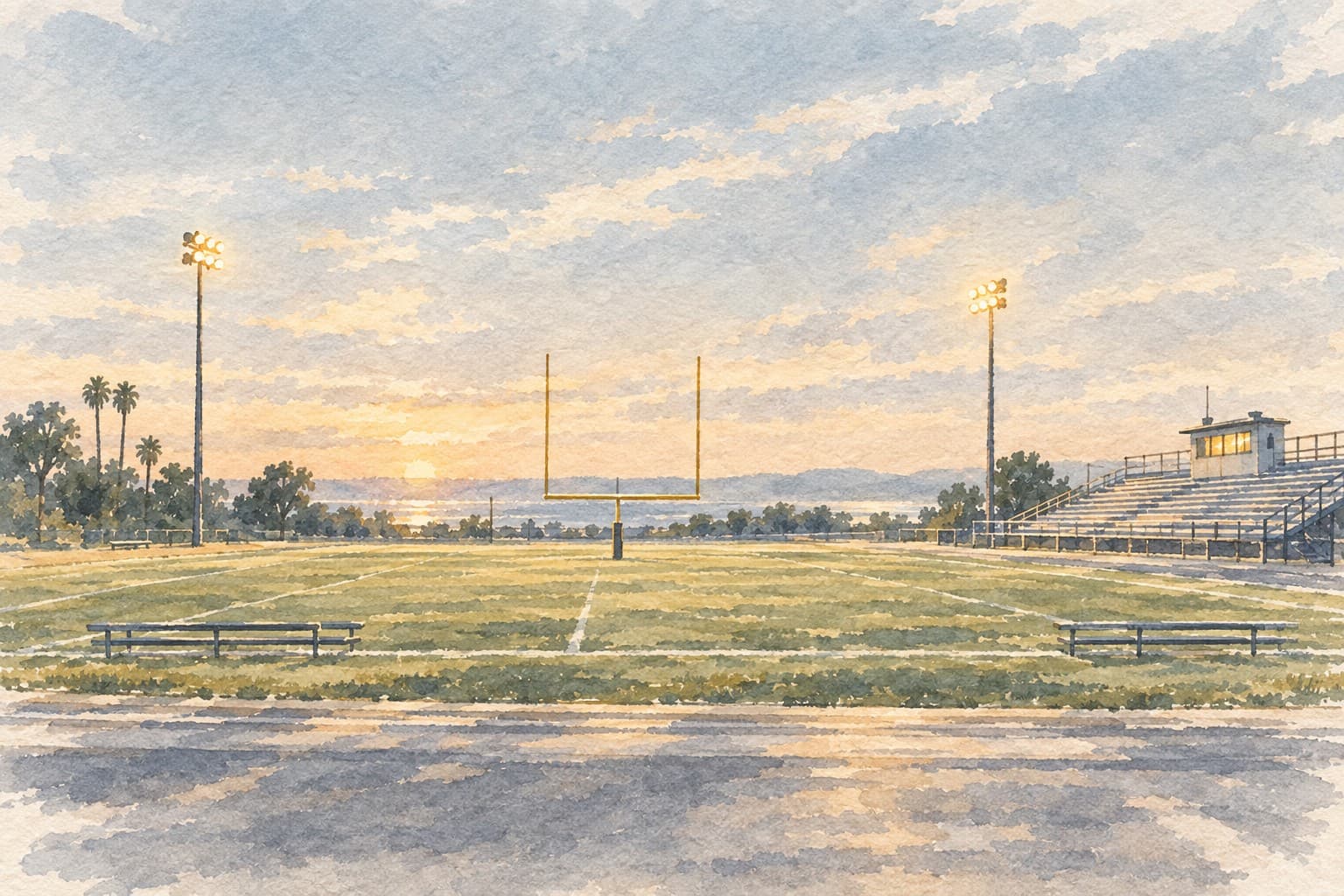 Watercolor illustration of an empty football field, goalposts, bleachers and field lights at dusk.